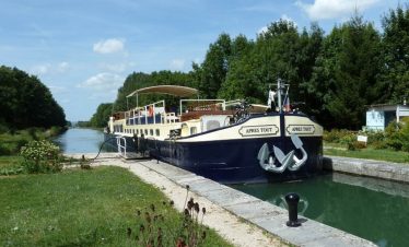 Approaching a lock on a river cruise in Burgundy