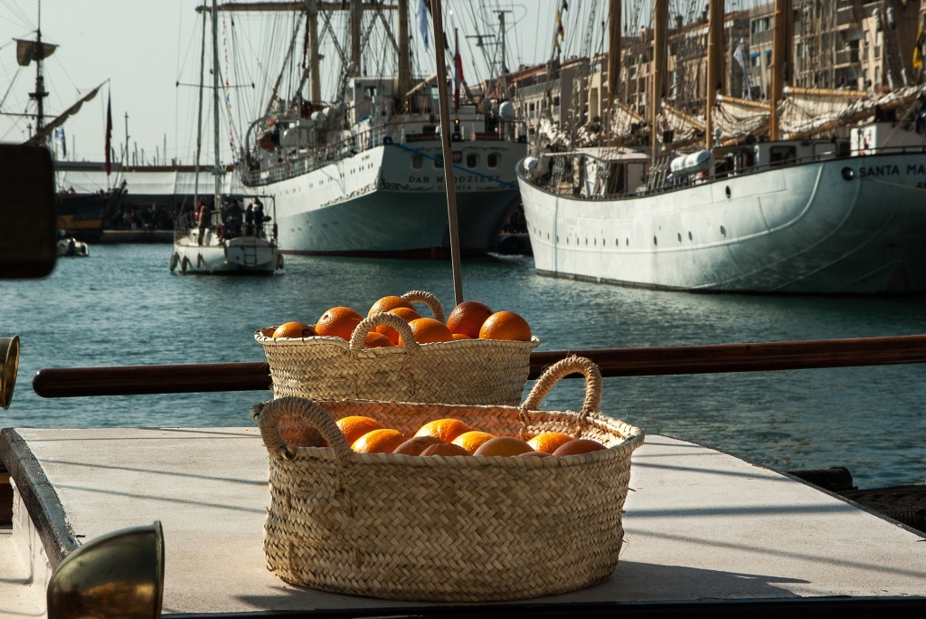 The little harbour at Sete and oranges