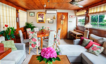 The beautiful salon on board the luxury barge hotel