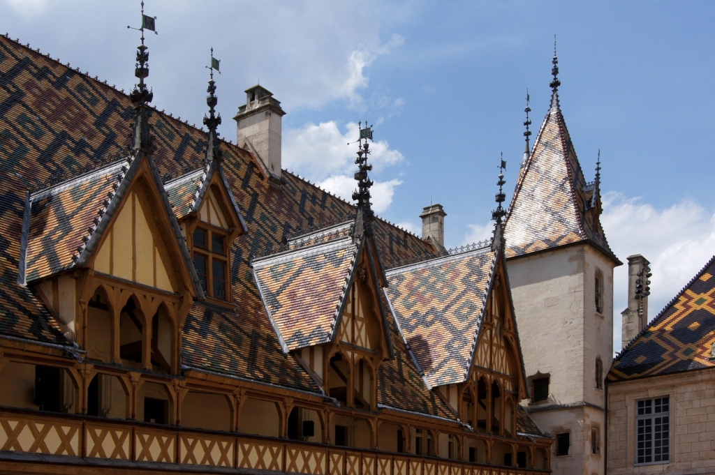 Ornate roof top of Hospices de Beaune Burgundy
